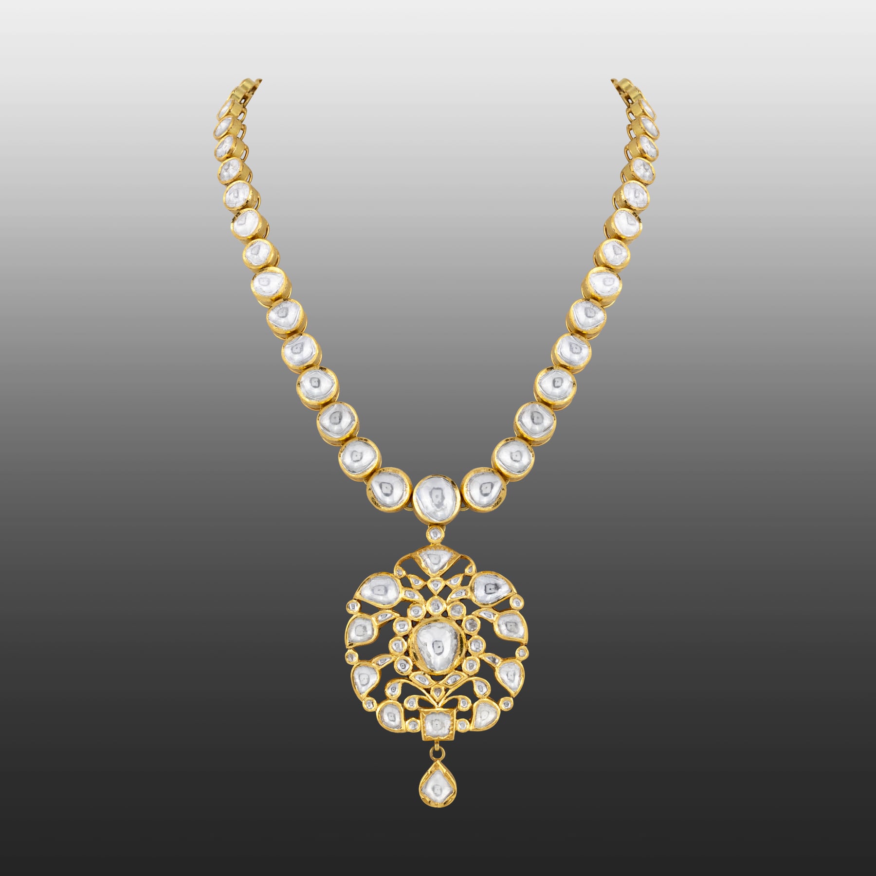 Polki Necklace with Intricate Floral Pendant